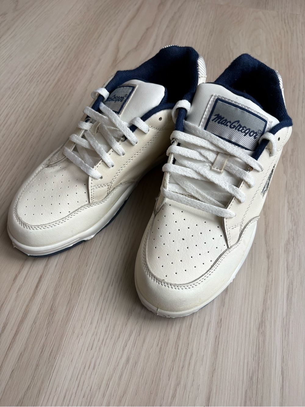 Vintage MacGregor Leather Sneakers Shoes Made in USA White Navy Mens Size 9